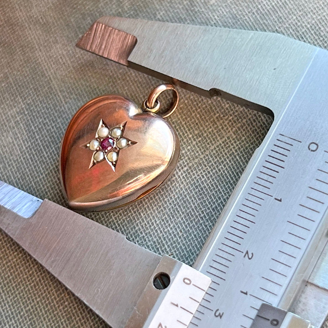 Antique Victorian 9k Ruby & Pearl Star-Set Heart Locket, c.1890