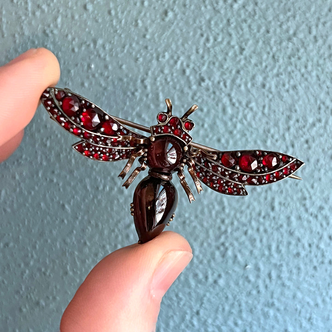 Antique Victorian Brooch Garnet Winged Bee, c.1890
