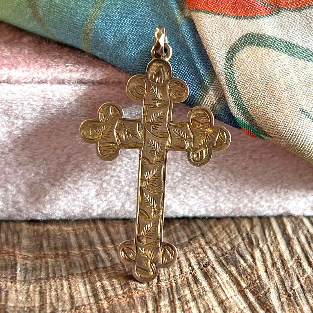 Antique Victorian Cross Pendant Gold Engraved, c.1890