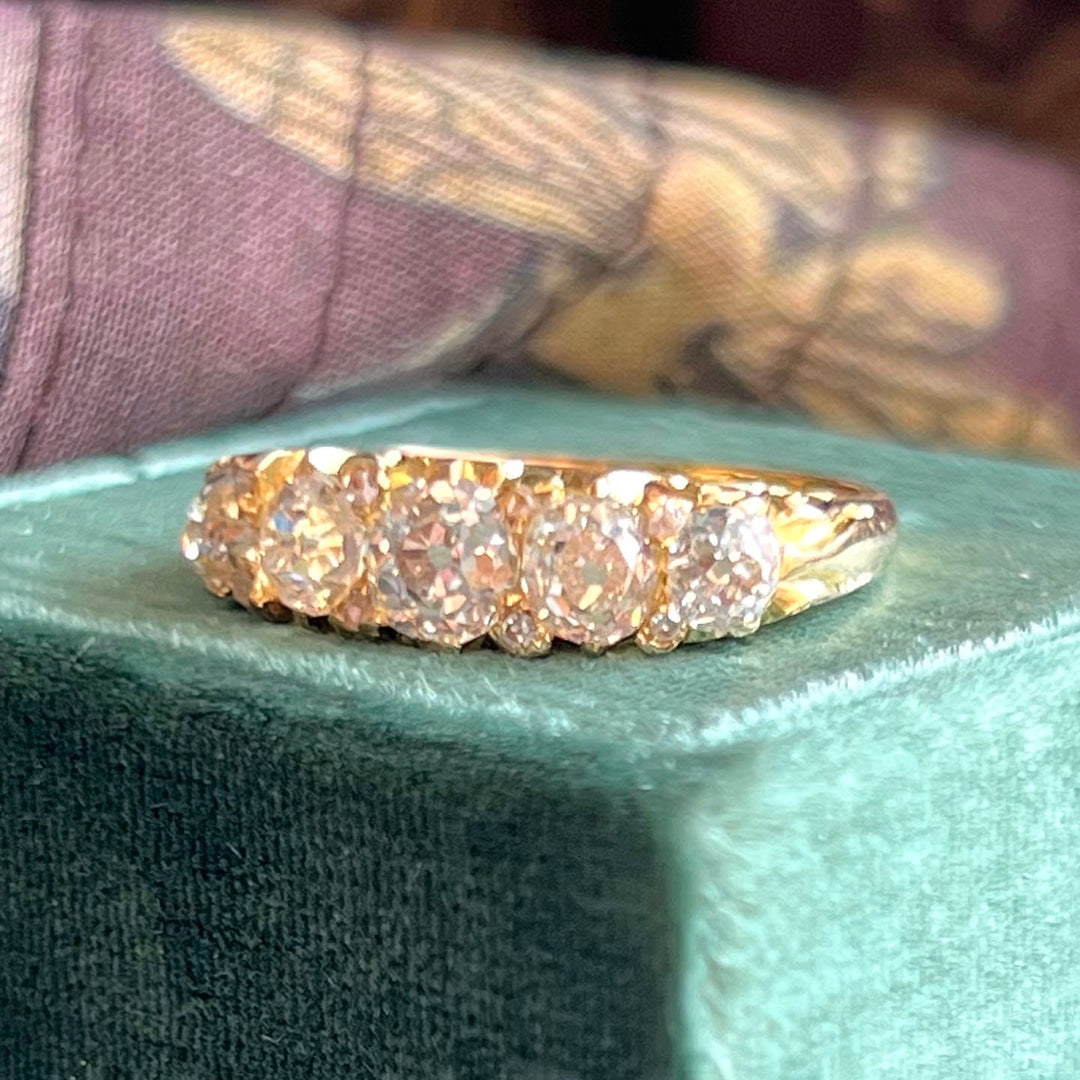 Victorian diamond navette ring angled view old cut diamonds