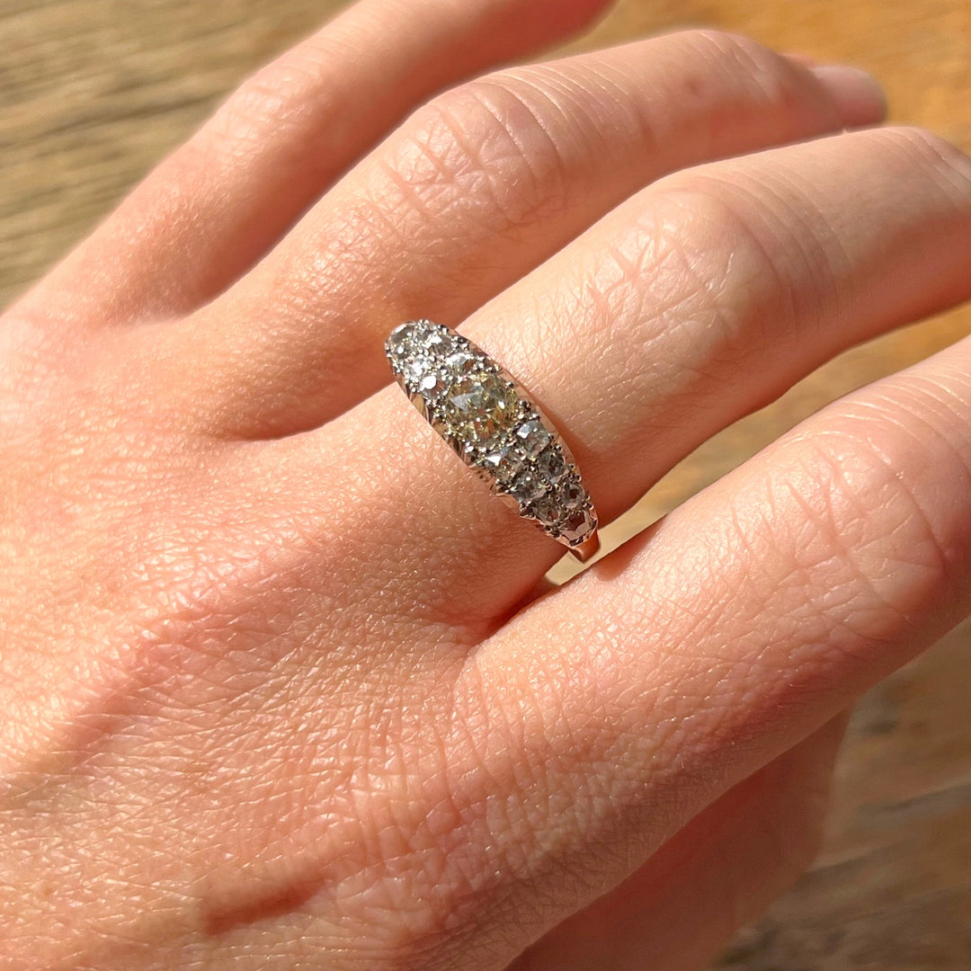 Victorian diamond boat ring worn on hand antique style