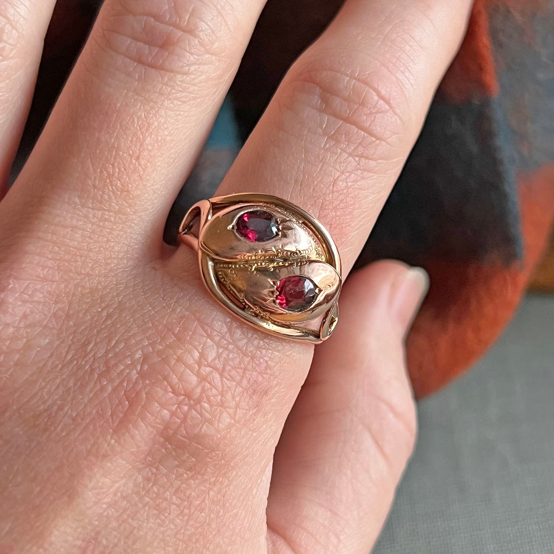 Heirloom antique snake garnet ring on hand