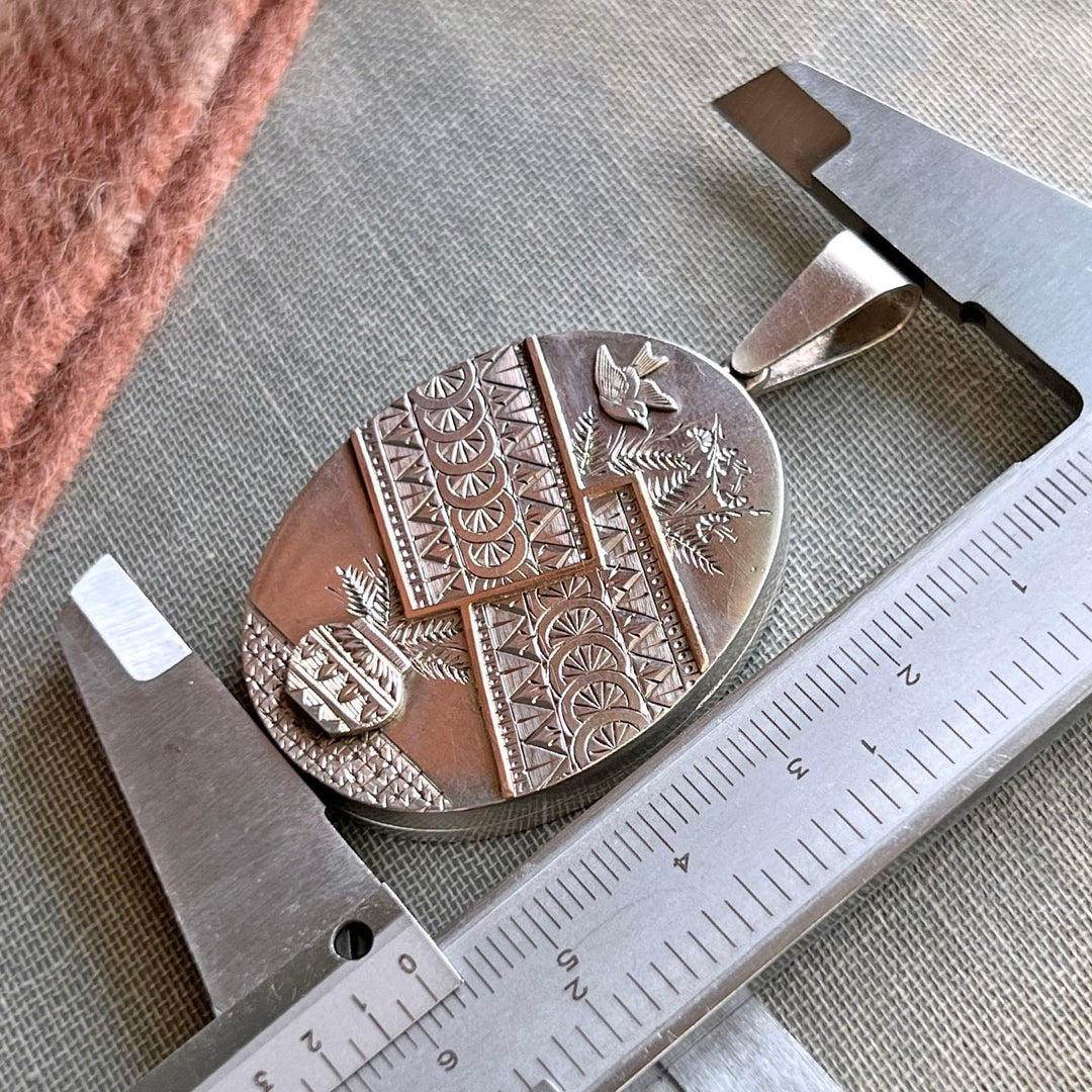Antique Victorian Embossed Silver Bird and Floral Urn Locket, c. 1880