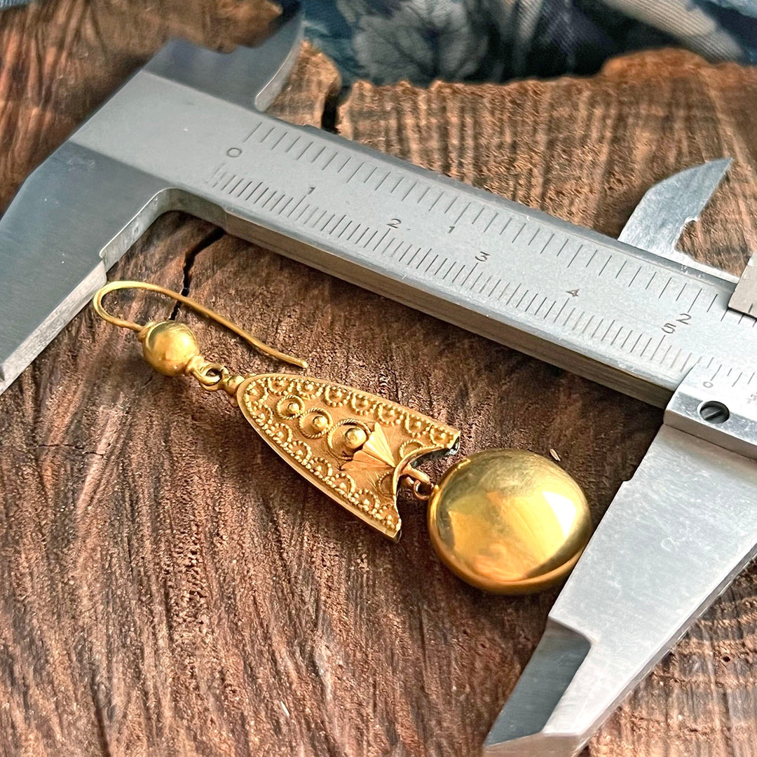 Side view Victorian Etruscan Revival drop earrings gold