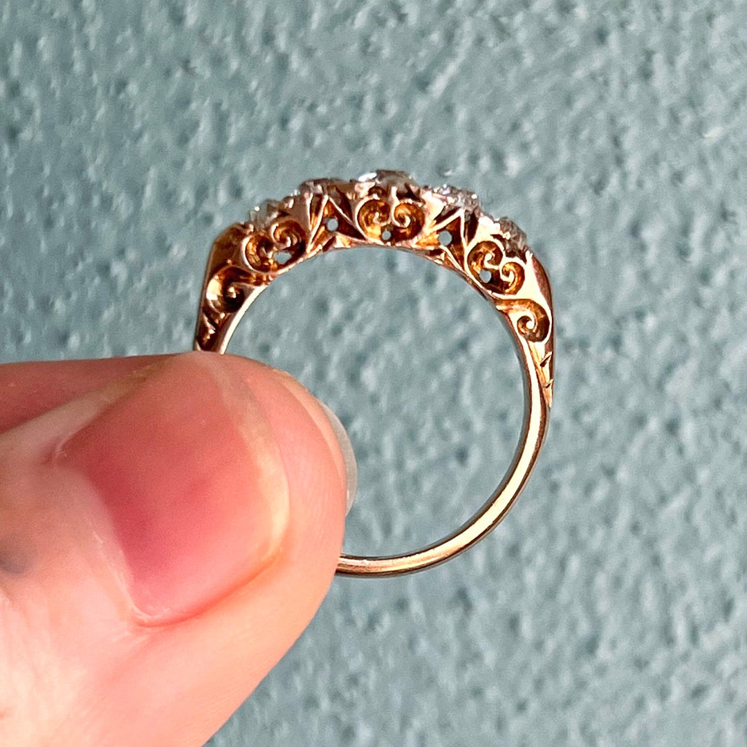 Antique Victorian five stone diamond ring in 18k gold circa 1900 with graduated old cut diamonds in classic English setting