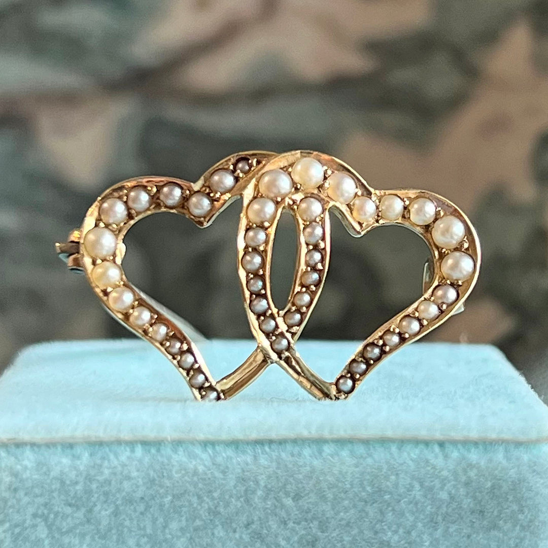 Antique Victorian Gold Brooch Double Heart Seed Pearl c. 1900