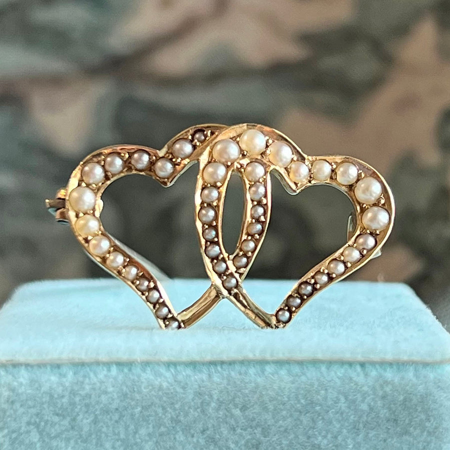 Antique Victorian Gold Brooch Double Heart Seed Pearl c. 1900