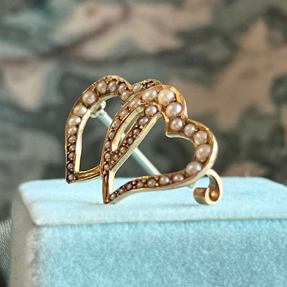 Antique Victorian Gold Brooch Double Heart Seed Pearl c. 1900