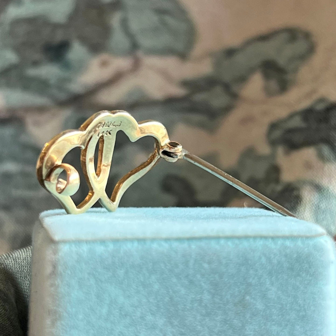 Antique Victorian Gold Brooch Double Heart Seed Pearl c. 1900