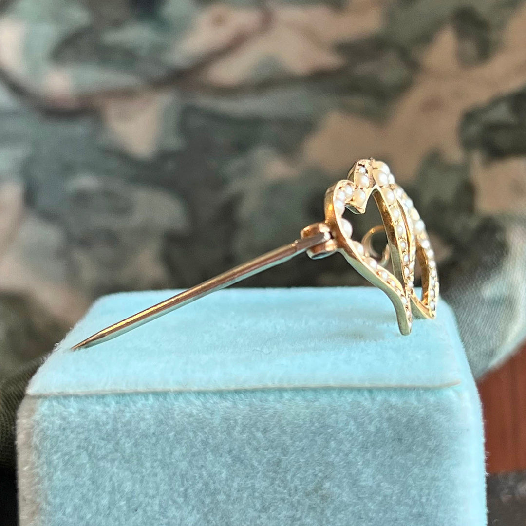 Antique Victorian Gold Brooch Double Heart Seed Pearl c. 1900