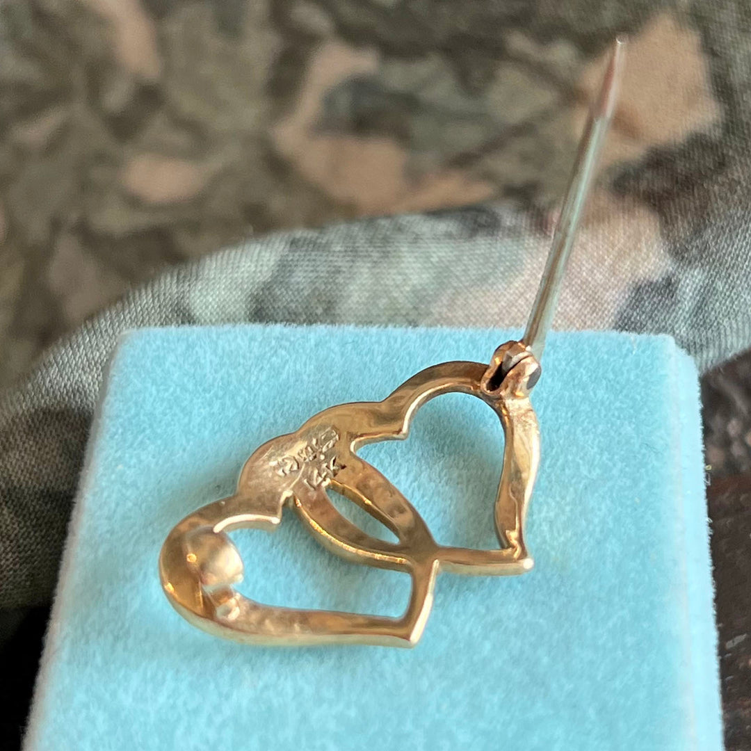 Antique Victorian Gold Brooch Double Heart Seed Pearl c. 1900