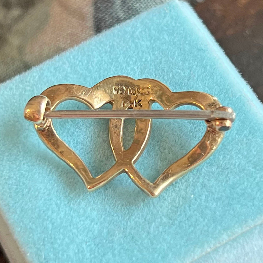 Antique Victorian Gold Brooch Double Heart Seed Pearl c. 1900