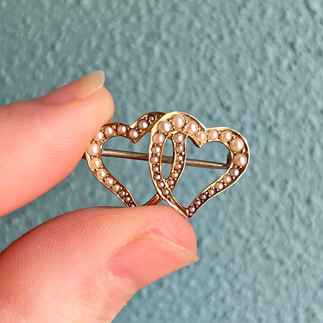 Antique Victorian Gold Brooch Double Heart Seed Pearl c. 1900
