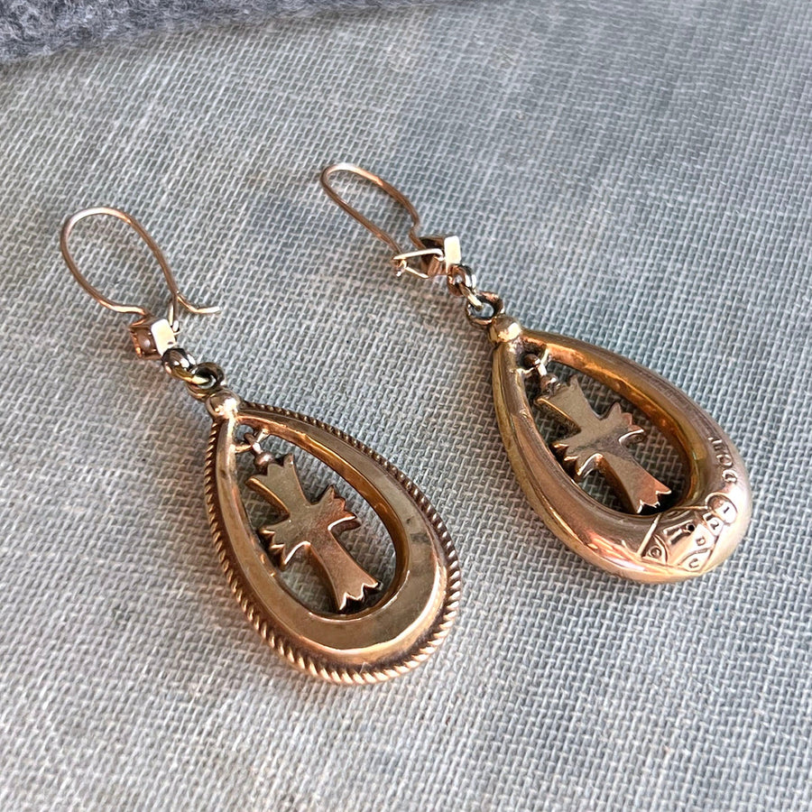 Antique Victorian gold cross drop earrings