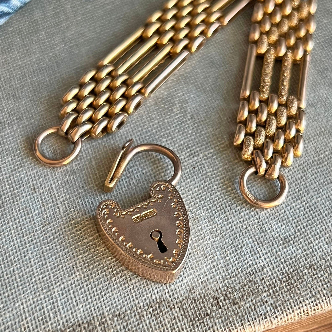 Victorian gold gate bracelet with heart motif design