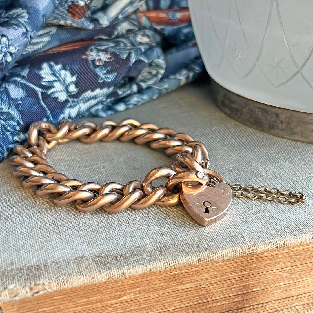 Antique Victorian gold heart padlock curb bracelet
