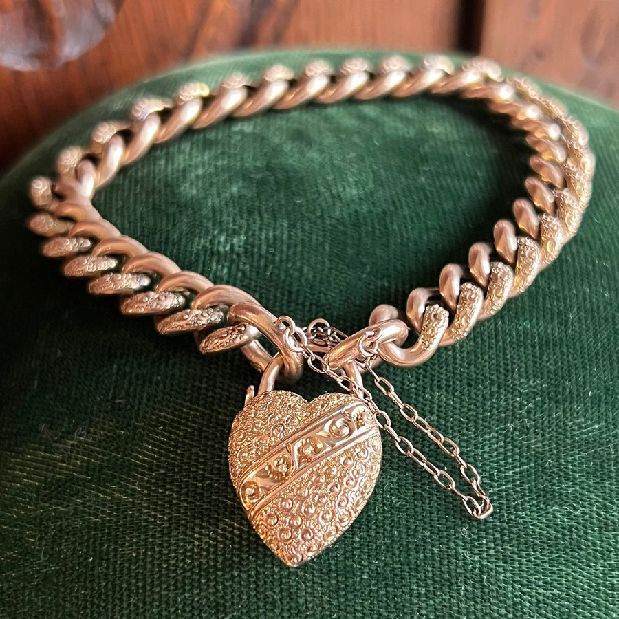 Antique Victorian Gold Heart Padlock Link Bracelet in Original Box, c.1890
