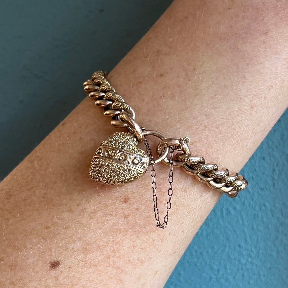 Antique Victorian Gold Heart Padlock Link Bracelet in Original Box, c.1890
