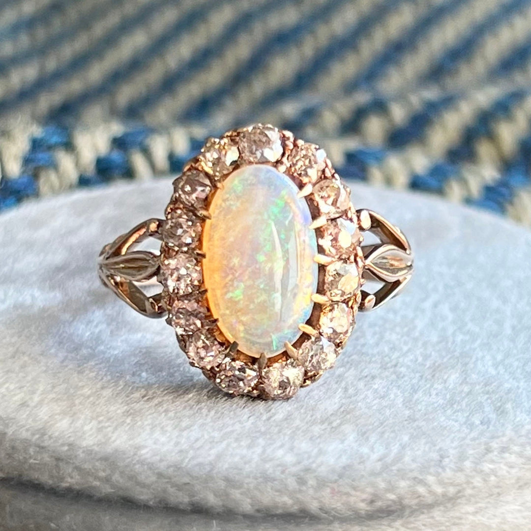 Antique Victorian opal diamond cluster gold ring