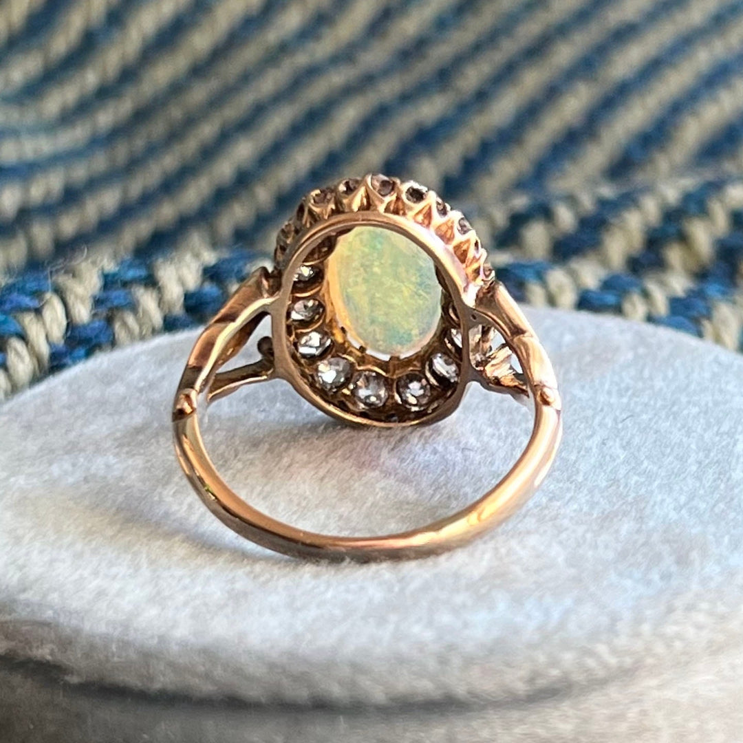 Close view of opal center with diamond halo