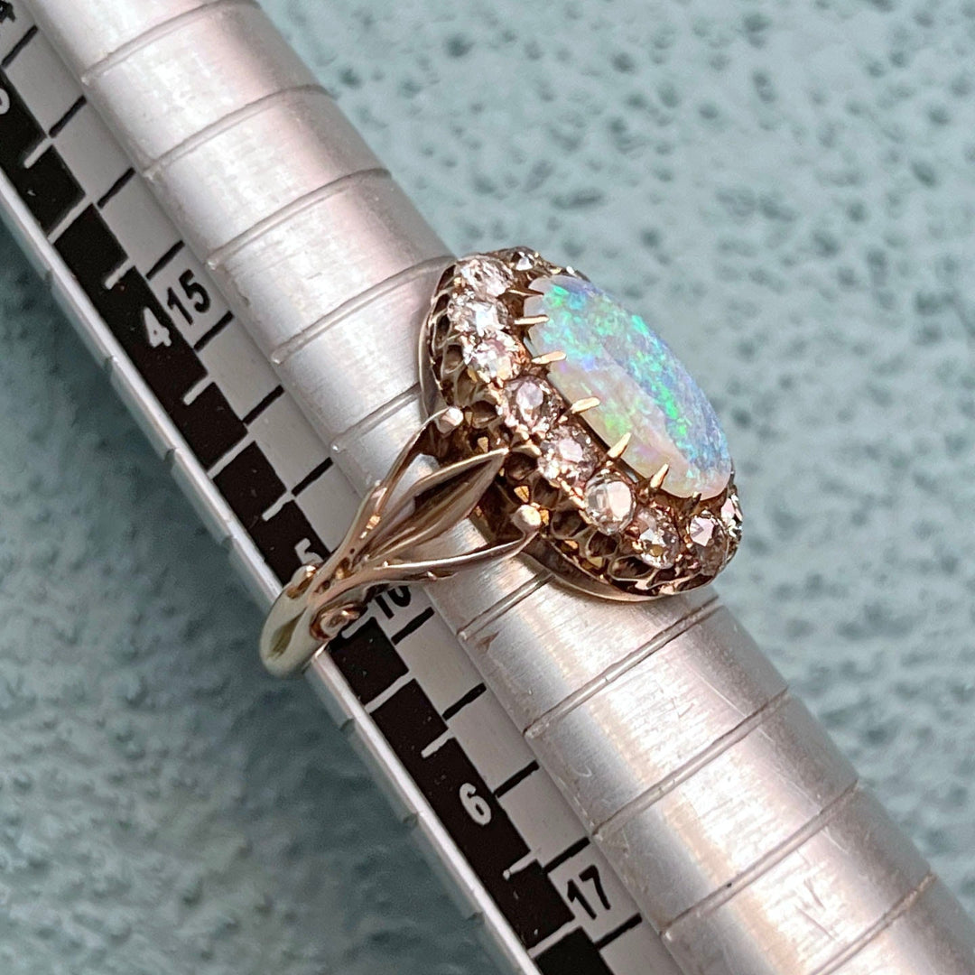 Antique Victorian Gold Opal Diamond Cluster Ring, circa 1880