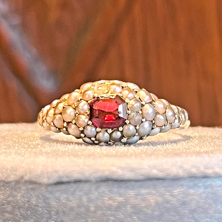 Antique Victorian Gold Ring Garnet and Pearl Cluster c. 1860