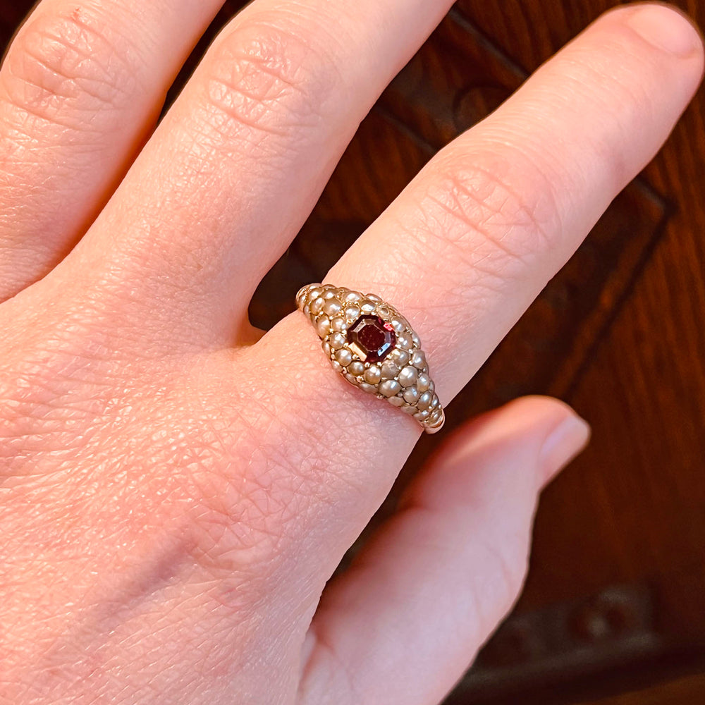 Antique Victorian Gold Ring Garnet and Pearl Cluster c. 1860