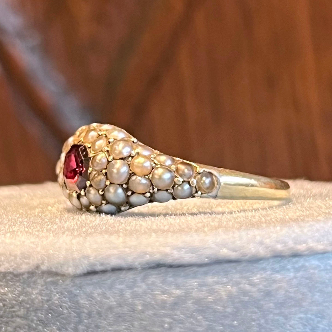 Antique Victorian Gold Ring Garnet and Pearl Cluster c. 1860