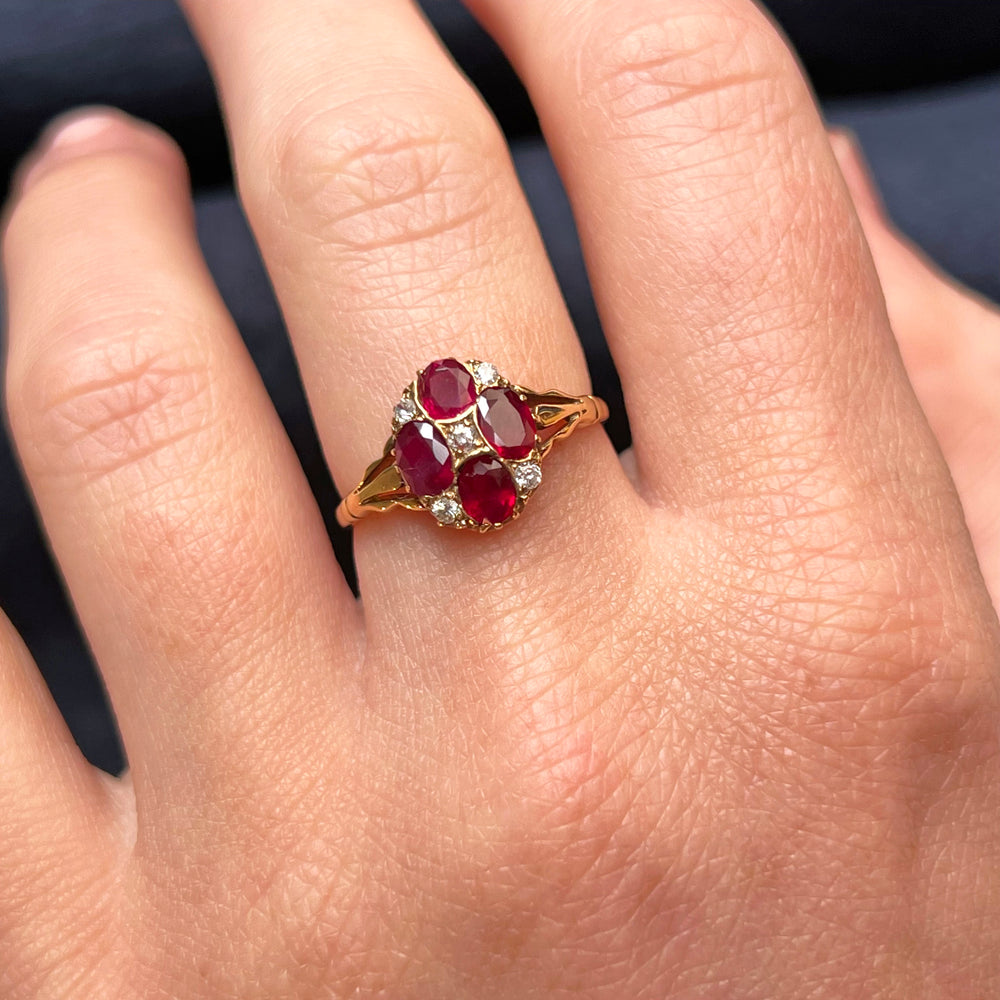 Antique Victorian Gold Ruby Diamond Cluster Ring c. 1890