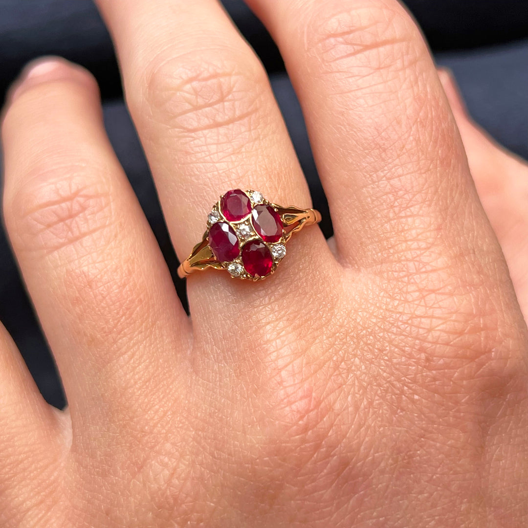 Antique Victorian Gold Ruby Diamond Cluster Ring c. 1890