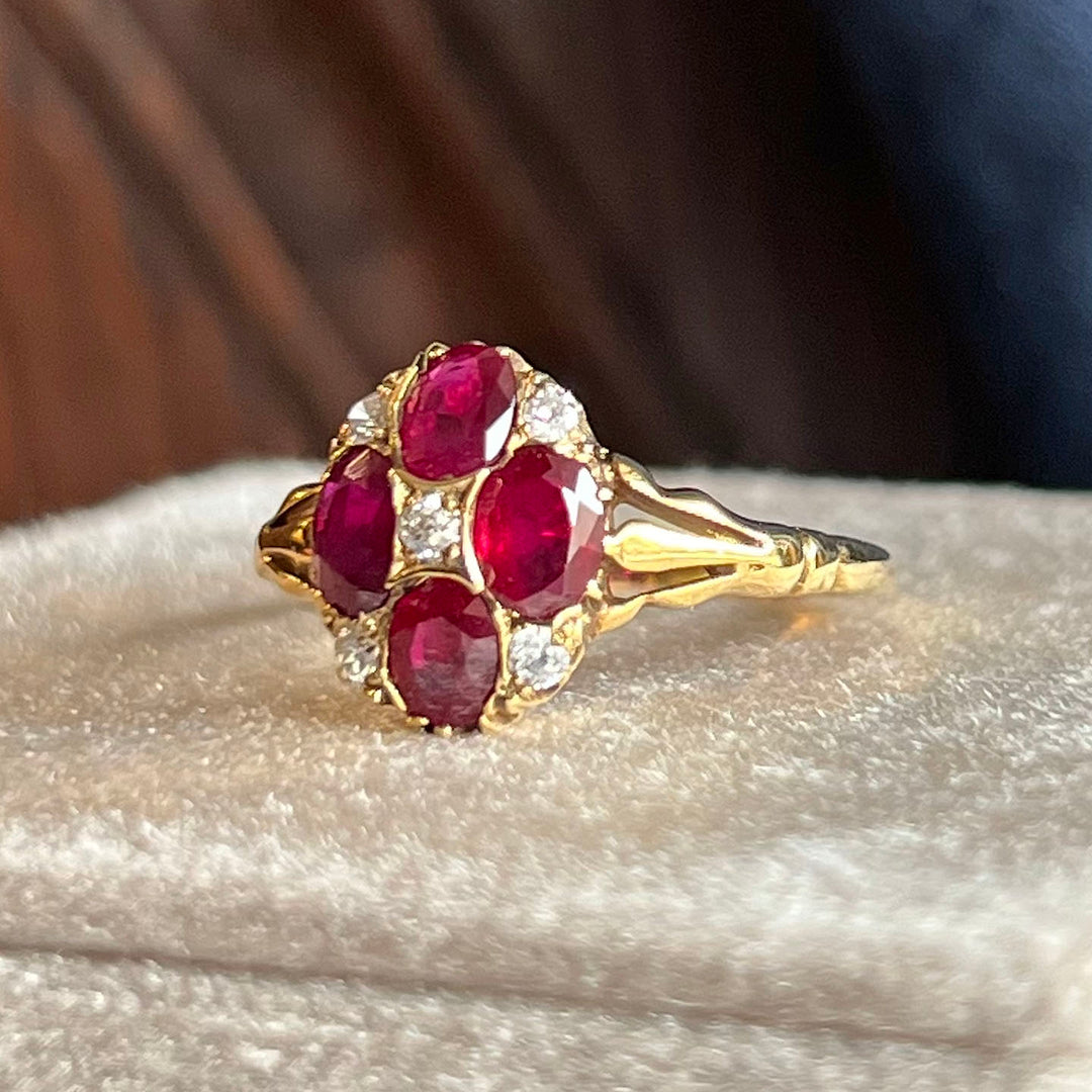 Antique Victorian Gold Ruby Diamond Cluster Ring c. 1890