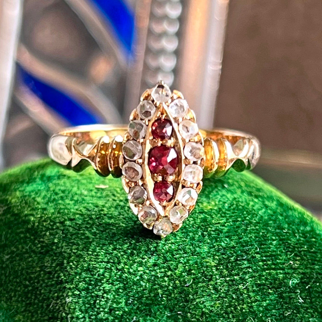 Antique Victorian ruby diamond marquise gold ring