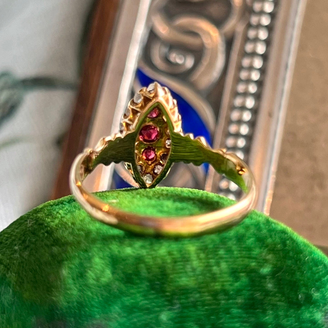 Detailed view of ruby and diamond setting