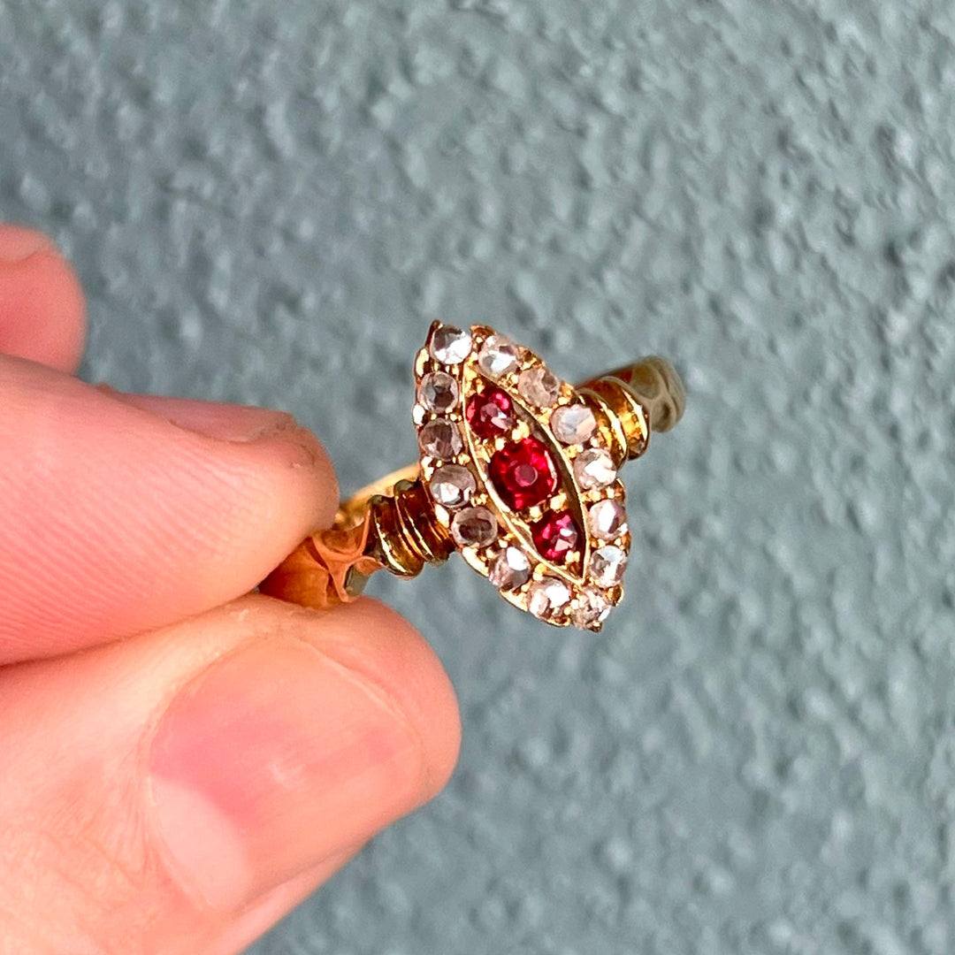 Detailed view of ruby and diamond setting