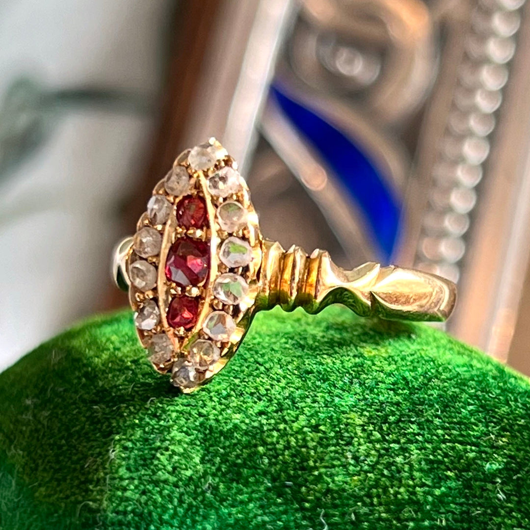 Detailed view of ruby and diamond setting