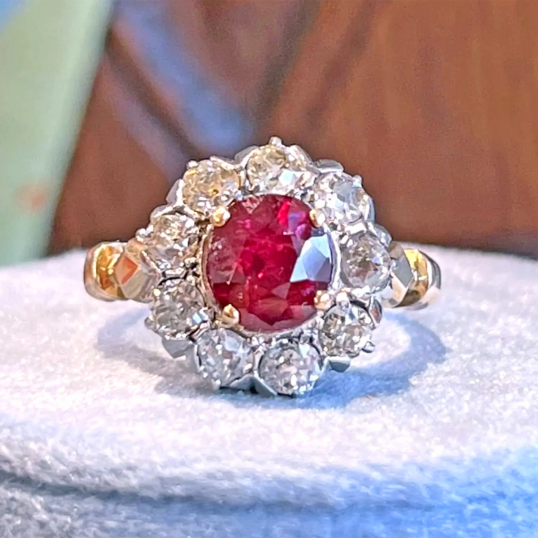 Antique Victorian Gold Ruby and Diamond Cluster Ring c. 1890