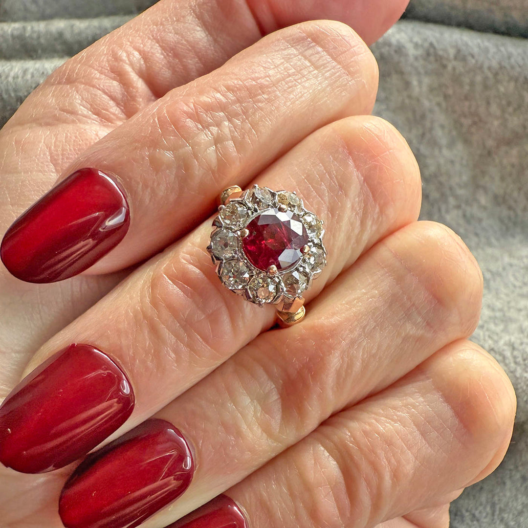 Antique Victorian Gold Ruby and Diamond Cluster Ring c. 1890