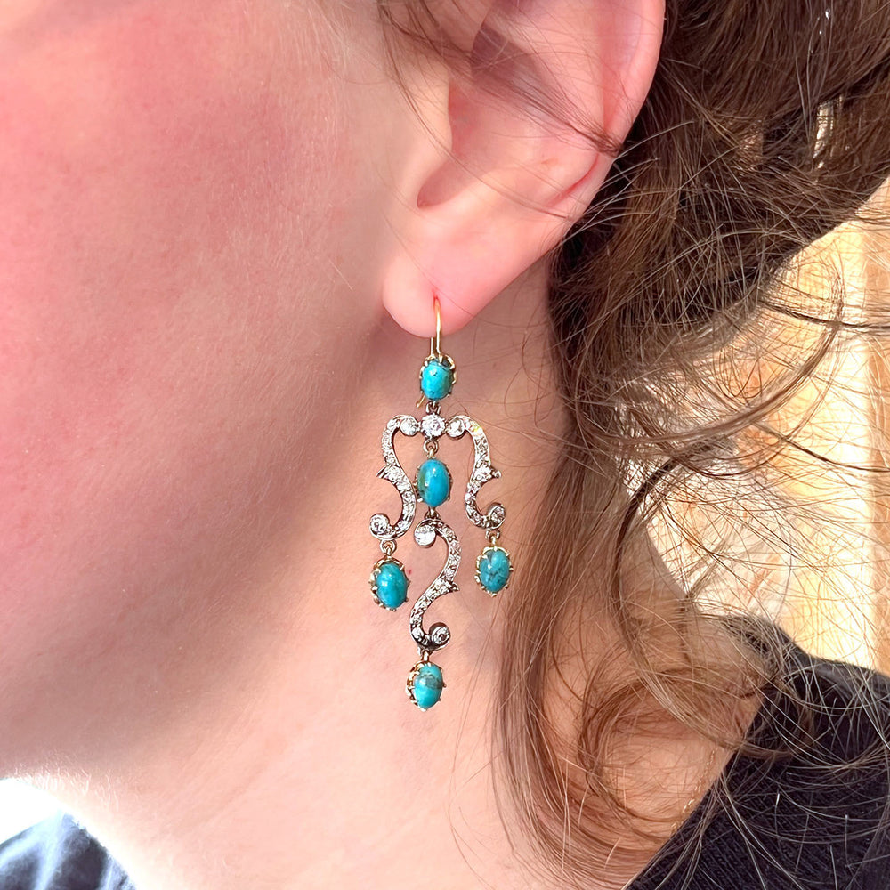 Antique Victorian Gold Silver Turquoise and Diamond Drop Earrings, c.1860