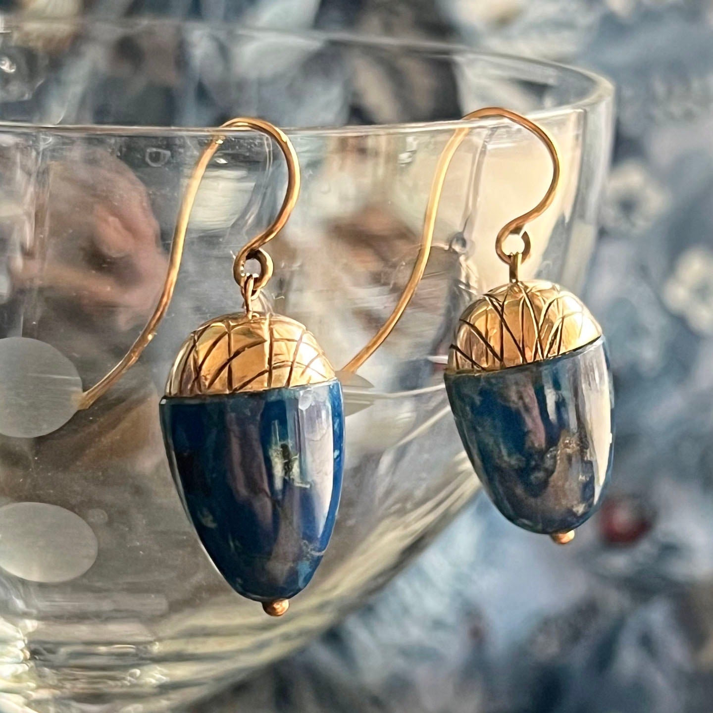 Antique Victorian Gold and Lapis Acorn Drop Earrings c. 1890