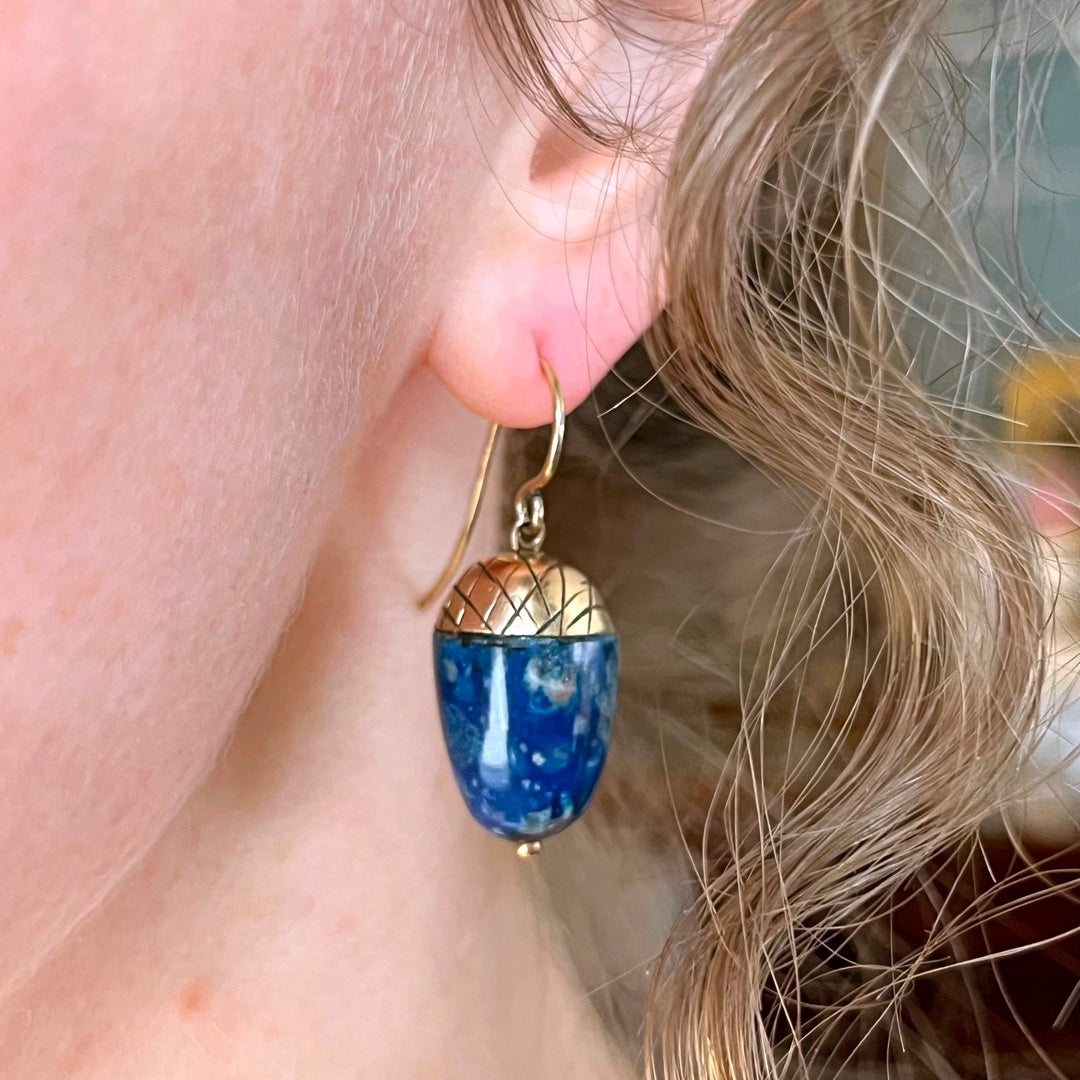 Victorian lapis lazuli acorn earrings gold drop design