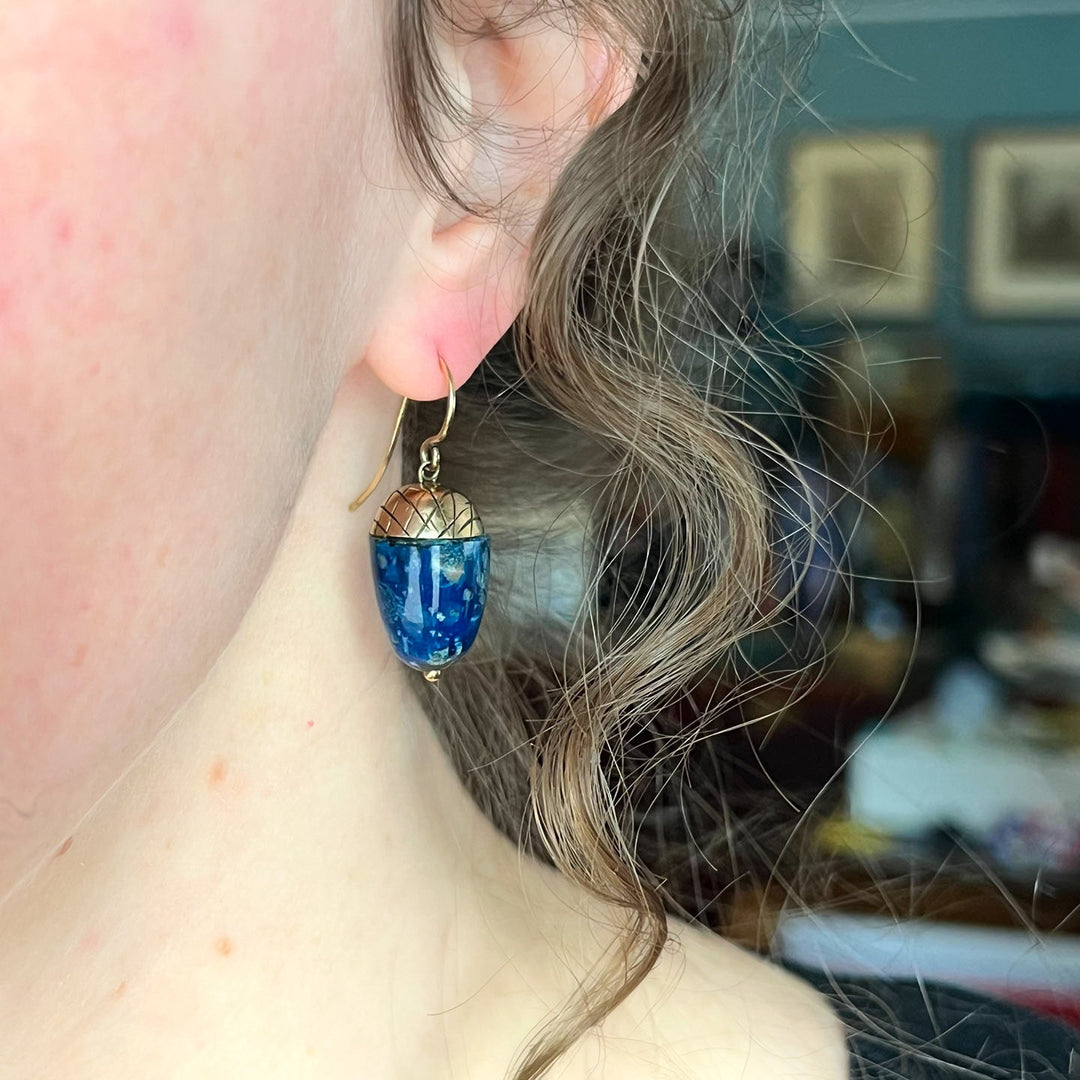 Victorian lapis drop earrings worn on ear antique style