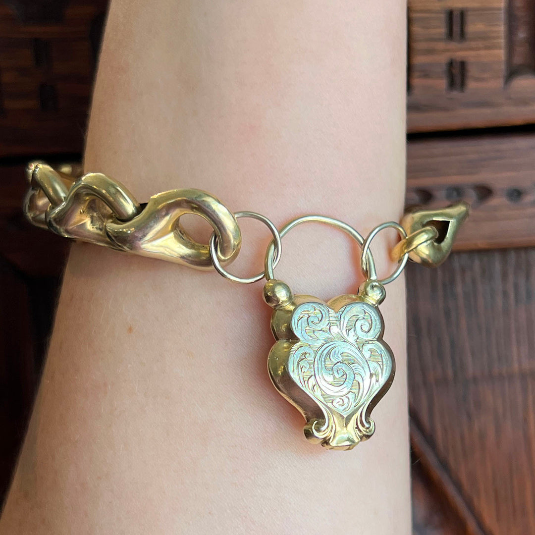 Antique Victorian Heart Lock Bracelet Silver Gilt c. 1850