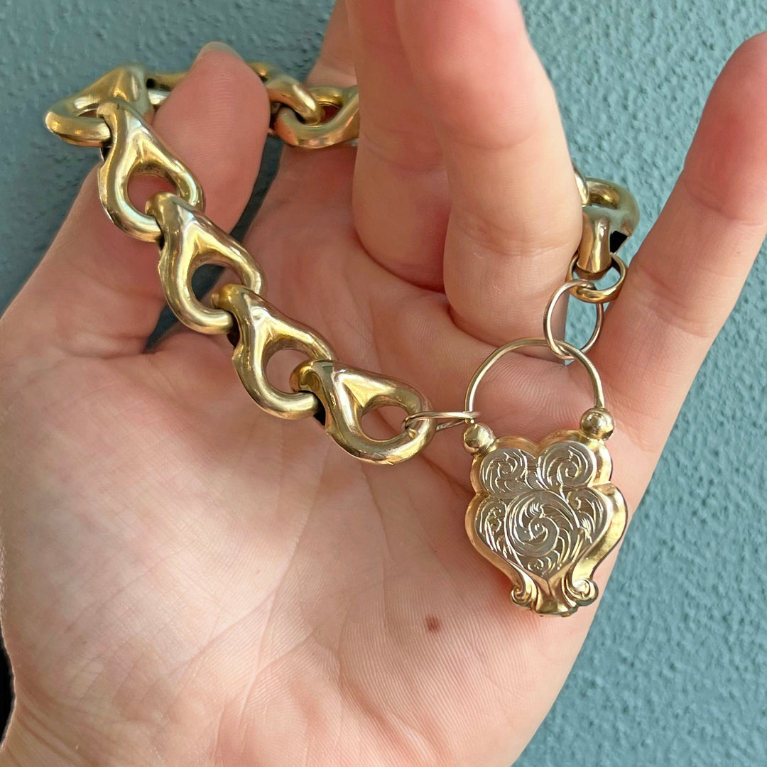 Antique Victorian Heart Lock Bracelet Silver Gilt c. 1850