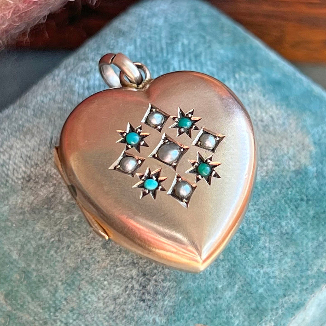 Antique Victorian Heart Locket Gold Turquoise & Pearl, c.1890