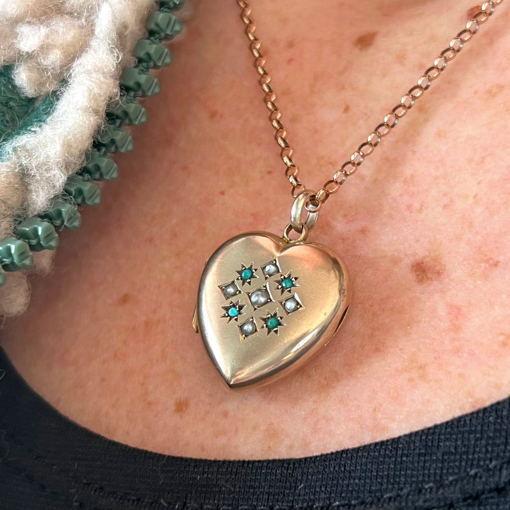 Antique Victorian Heart Locket Gold Turquoise & Pearl, c.1890