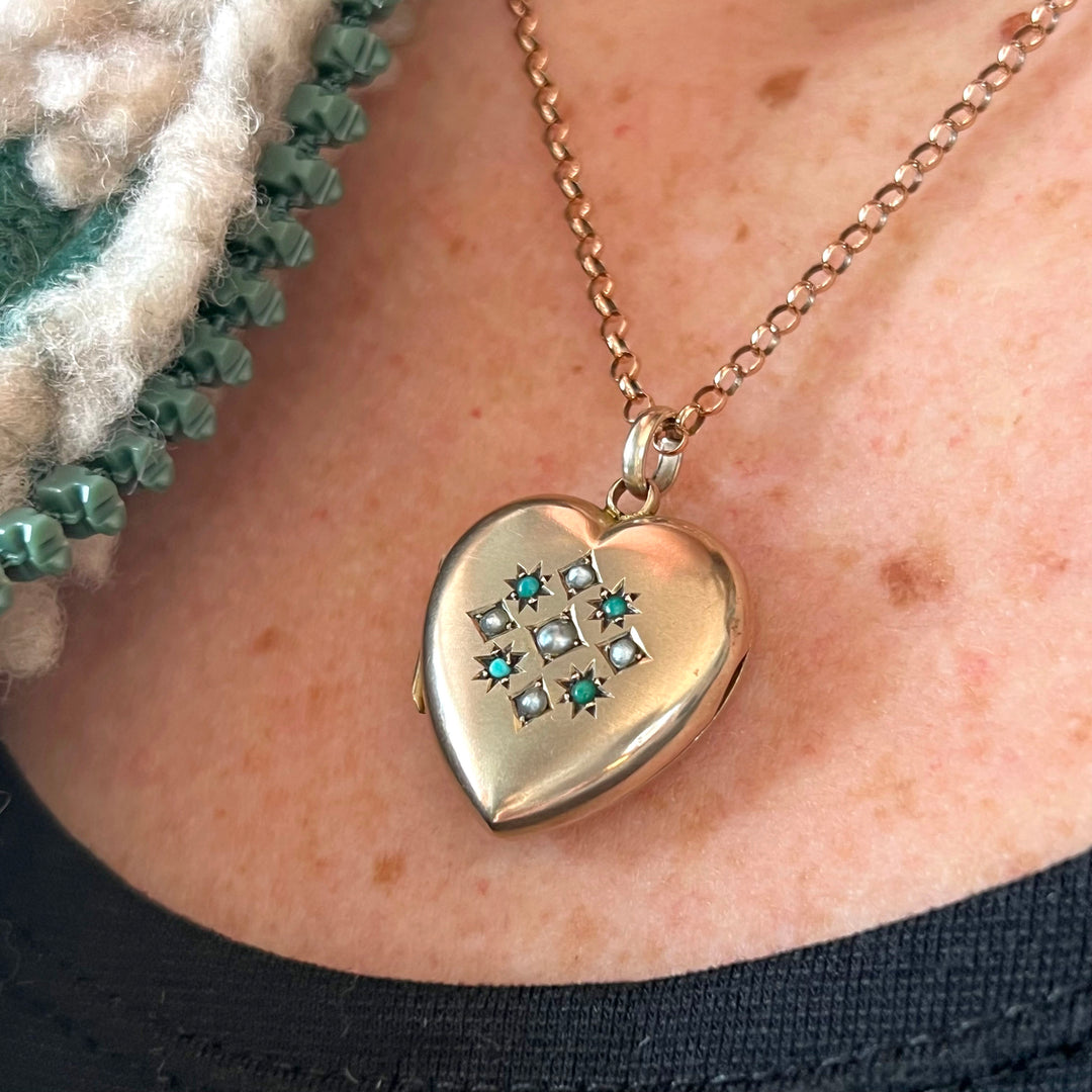 Antique Victorian Heart Locket Gold Turquoise & Pearl, c.1890
