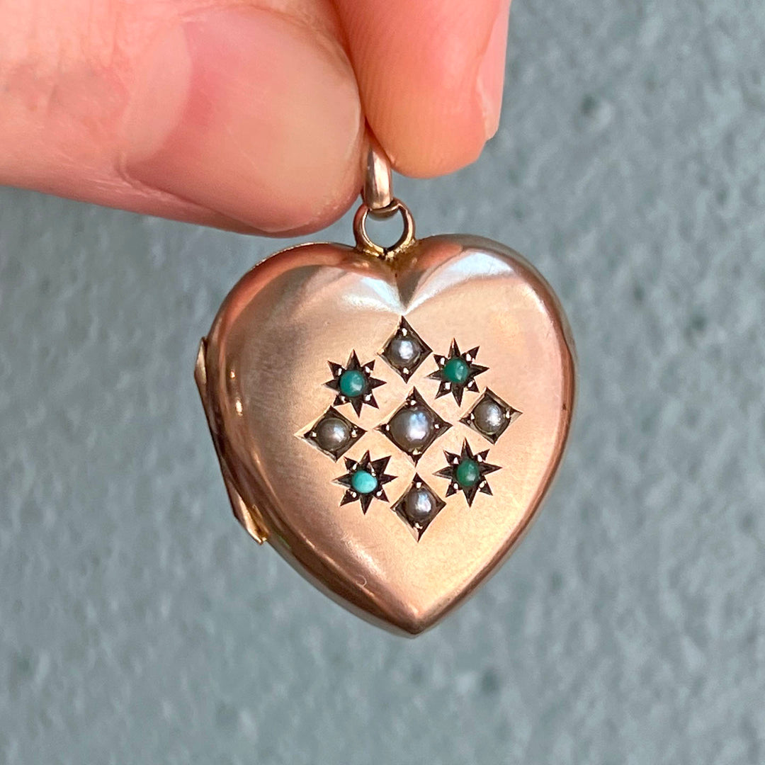 Antique Victorian Heart Locket Gold Turquoise & Pearl, c.1890