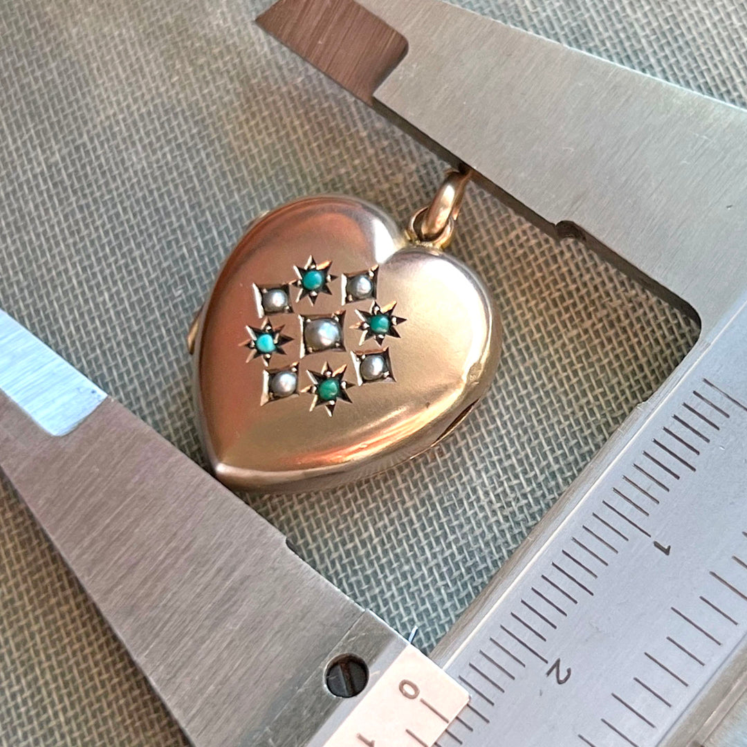 Antique Victorian Heart Locket Gold Turquoise & Pearl, c.1890