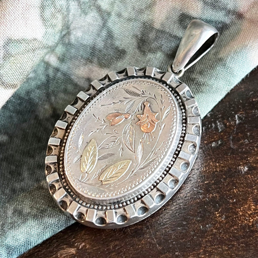 Antique Victorian Locket Silver and Gold-Embellished Floral c. 1880