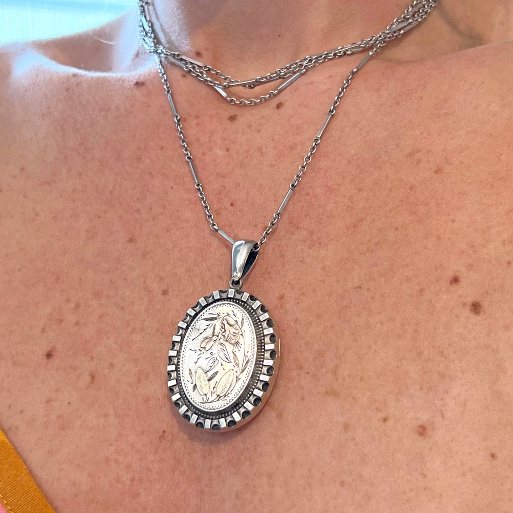 Antique Victorian Locket Silver and Gold-Embellished Floral c. 1880